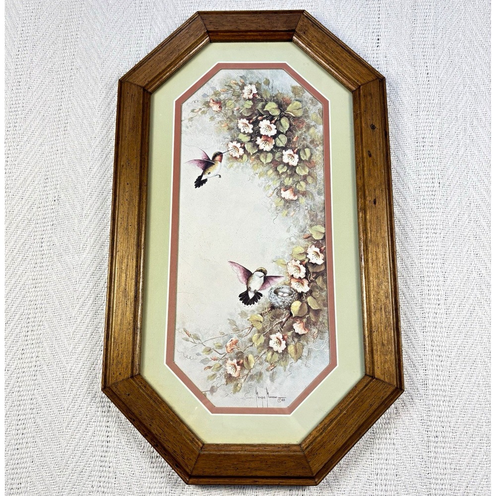 Homco Marge Morrow Signed 1983 Hummingbirds & Flowers Print Matted Framed 20x11